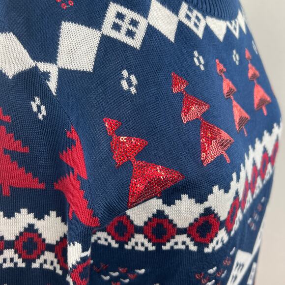 TIPSY ELVES Blue Red White Sweater Dress Knit Sequin Fair Isle Size Large L NEW - Picture 9 of 12